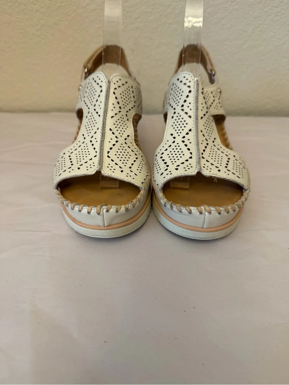 PIKOLINOS White Perforated Wedge Sandals with Tan Accents Sz 38